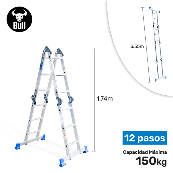 ESCALERA ALUMINIO MULTIUSOS + PLATAFORMA 12P 150KG AM150-12IA+P AMERICAN BULL