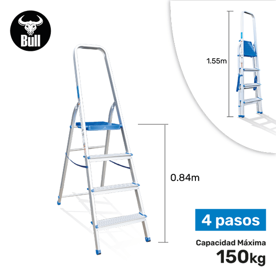 ESCALERA ALUMINIO TIPO BANQUETA 4P 150KG 0.84m AB150-4IA AMERICAN BULL
