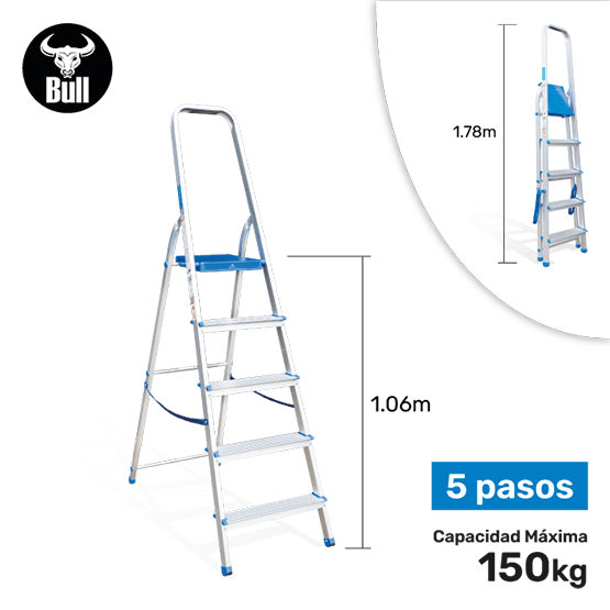 ESCALERA ALUMINIO TIPO BANQUETA 5P 150KG 1.06m AB150-5IA AMERICAN BULL