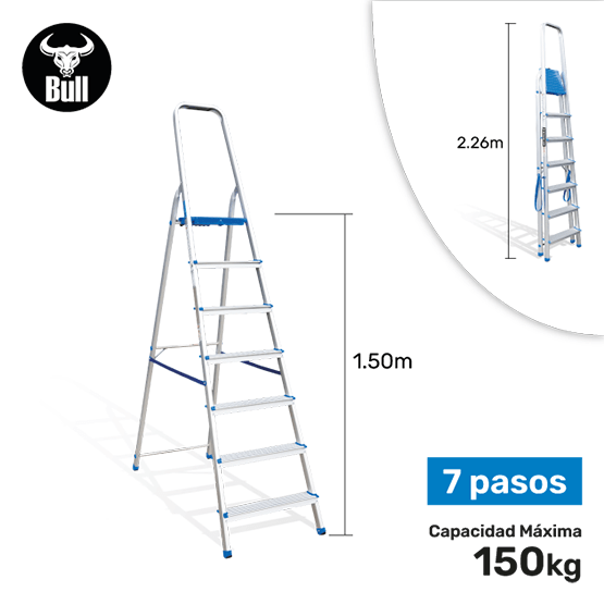 ESCALERA ALUMINIO TIPO BANQUETA 7P 150KG 1.50m AB150-7IA AMERICAN BULL