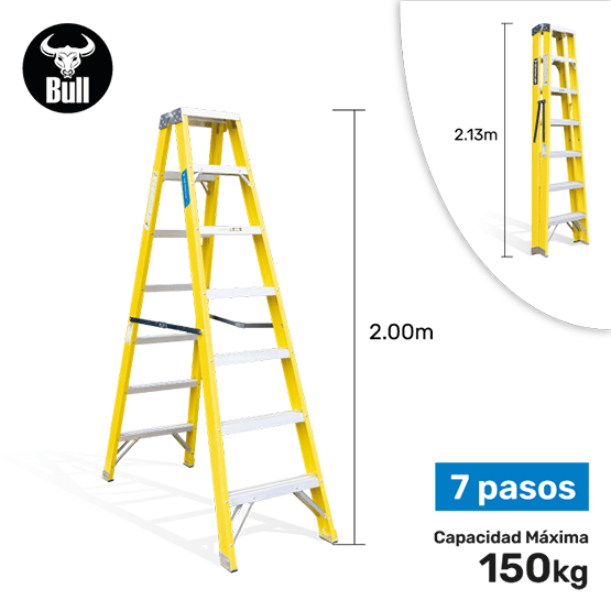 ESCALERA FIBRA TIJERA DOBLE ACCESO 7P 150KG 2.13m FTD150-7IA AMERICAN BULL - imagen 1