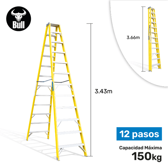 ESCALERA FIBRA TIJERA DOBLE ACCESO 12P 150KG 3.66m FTD150-12IA AMERICAN BULL