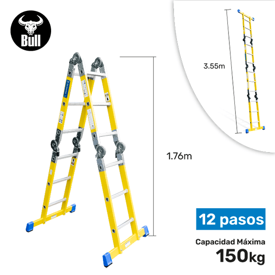 ESCALERA FIBRA MULTIUSOS + PLATAFORMA 12P 150KG FM150-12IA+P AMERICAN BULL - imagen 2