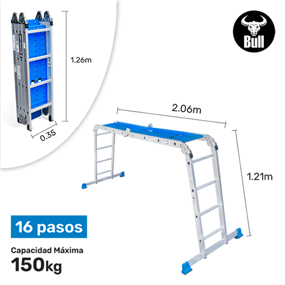 ESCALERA ALUMINIO MULTIUSOS + PLATAFORMA 16P 150KG AM150-16IA+P AMERICAN BULL - imagen 2