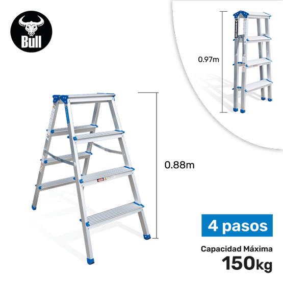 ESCALERA ALUMINIO TIPO BANQUETA DOBLE 4P 150KG 0.88m ABD150-4IA AMERICAN BULL