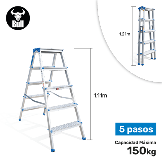 ESCALERA ALUMINIO TIPO BANQUETA DOBLE 5P 150KG 1.11m ABD150-5IA AMERICAN BULL