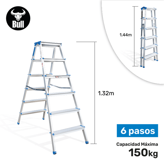 ESCALERA ALUMINIO TIPO BANQUETA DOBLE 6P 150KG 1.32m ABD150-6IA AMERICAN BULL