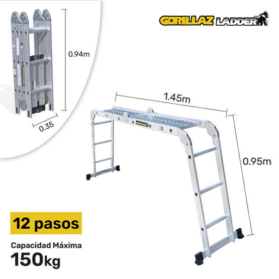 ESCALERA ALUMINIO MULTIPROPOSITO GAM12-IA+P GORILLAZ 150KG
