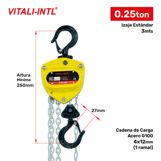 TECLE MANUAL 0.25T 3MTSCARGA 4X12MM(1) - 3MTSMANDO 3X15X10MM(2)